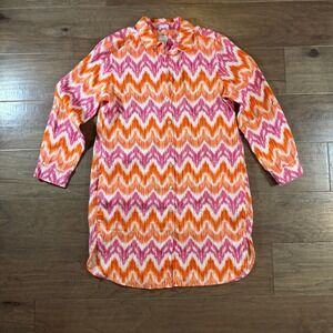 Chicos Linen Ikat Chevron Tunic Shirt Pink Orange Button Down Size 00P 2P